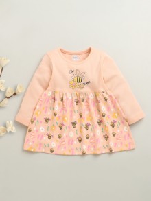 BUMZEE Peach Girls Full Sleeves Cotton Knee Length Frock