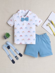 BUMZEE White & Blue Boys Half Sleeves T-shirt & Short Set With Bow Suspender