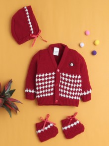 BUMZEE Maroon Baby Boys Full Sleeves Acrylic Blend Sweater With Cap & Socks