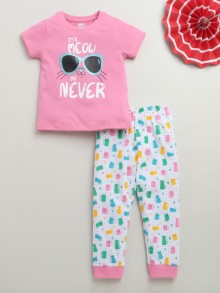 BUMZEE Pink & White Girls Half Sleeves Cotton T-Shirt & Pyjama Set