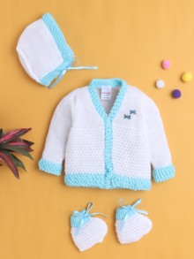 BUMZEE White & Aqua Baby Girls Full Sleeves Acrylic Blend Sweater With Cap & Socks