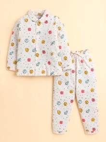 BUMZEE Off White Boys Full Sleeves Cotton Night Suit