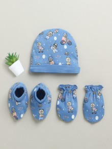 BUMZEE Blue Boys Cotton Cap Mitten Bootie Set