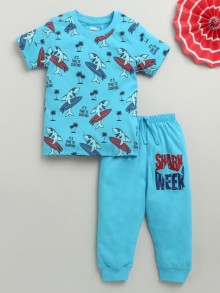 BUMZEE Blue Boys Half Sleeves Cotton T-Shirt & Pyjama Set
