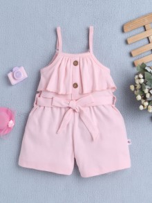 BUMZEE Baby Pink Girls Sleeveless Cotton Jumpsuit With Belt