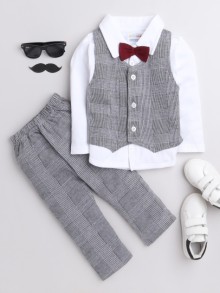 BUMZEE Grey & White Boys Full Sleeves Shirt Waistcoat & Pant Set With Applique Bow