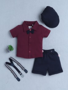 BUMZEE Wine & Navy Boys Half Sleeves Shirt & Short Set With Bow Suspender & Cap