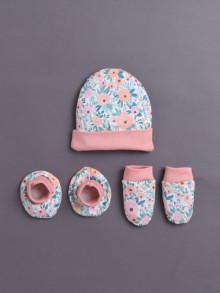 BUMZEE Beige & Peach Girls Cotton Cap Mitten Bootie Set