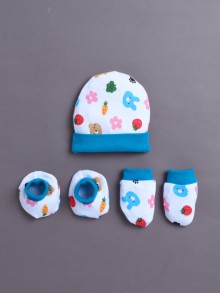 BUMZEE White & Blue Boys Cotton Cap Mitten Bootie Set