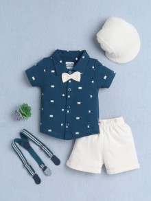 BUMZEE Teal & Beige Boys Half Sleeves Shirt & Short Set With Bow Suspender & Cap