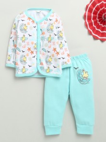 BUMZEE White & Sky Blue Baby Boys Full Sleeves Jabla & Pyjama Set