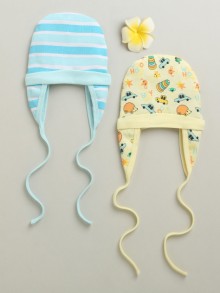 BUMZEE Yellow & Blue Boys Cotton Pack Of 2 Cap With Ear Flap