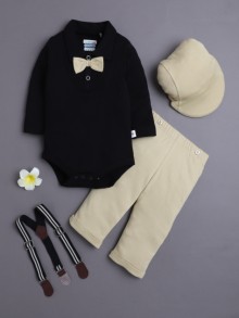 BUMZEE Khaki & Black Boys Full Sleeves Bodysuit Pant Set With Suspender & Cap