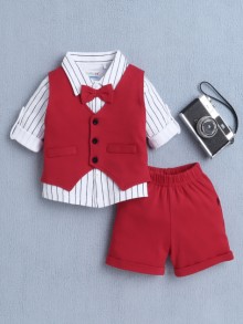 BUMZEE White & Red Boys Full Sleeves Shirt Waistcoat & Short Set With Applique Bow