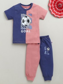BUMZEE Onion Pink & Indigo Boys Half Sleeves Cotton T-Shirt & Pyjama Set