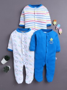BUMZEE Royal Blue & White Baby Boys Full Sleeves Sleepsuit Pack Of 3