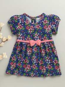 BUMZEE Navy Girls Half Sleeves Cotton Knee Length Frock