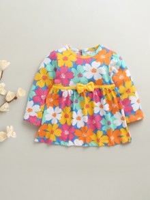 BUMZEE Blue Girls Full Sleeves Cotton Knee Length Frock