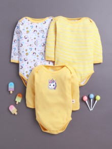BUMZEE Yellow & White Baby Girls Full Sleeves Cotton Bodysuit Onesies Pack Of 3