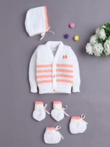 BUMZEE White & Orange Baby Boys Full Sleeves Acrylic Blend Sweater With Cap Socks & Mittens