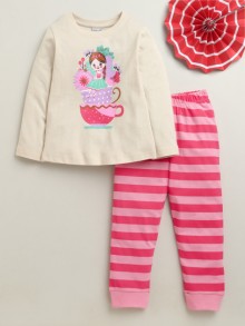 BUMZEE Beige & Pink Girls Full Sleeves Cotton T-Shirt & Pyjama Set