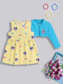 BUMZEE Yellow Girls Full Sleeves Frock With Shrug