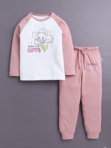 BUMZEE Pink & White Girls Full Sleeves Cotton T-Shirt & Pyjama Set
