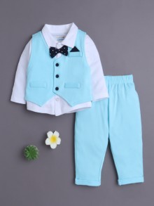 BUMZEE Aqua Blue & White Boys Full Sleeves Shirt Waistcoat & Pant Set With Applique Bow