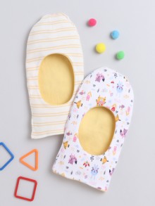BUMZEE White & Yellow Girls Cotton Reversible Monkey Cap Pack Of 2