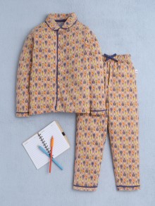 BUMZEE Brown Boys Full Sleeves Cotton Night Suit