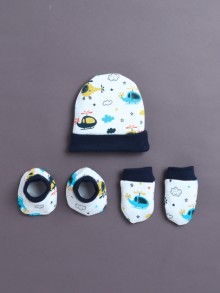BUMZEE White & Navy Boys Cotton Cap Mitten Bootie Set