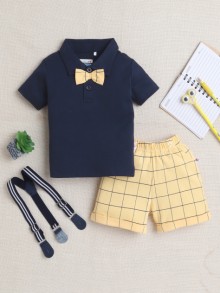 BUMZEE Navy & Yellow Boys Half Sleeves T-shirt & Short Set With Bow Suspender