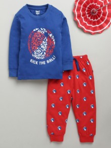 BUMZEE Royal Blue & Red Boys Full Sleeves Cotton T-Shirt & Pyjama Set