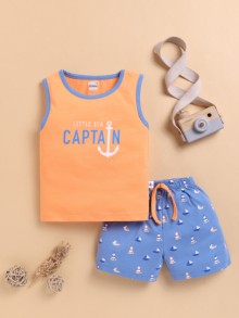 BUMZEE Orange & Blue Boys Sleeveless T-Shirt & Short Set