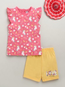 BUMZEE Pink & Yellow Girls Cap Sleeves T-Shirt & Short Set