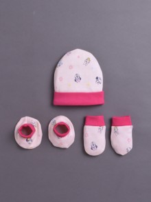 BUMZEE Peach & Pink Girls Cotton Cap Mitten Bootie Set