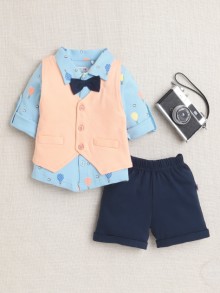 BUMZEE Sky Blue & Navy Boys Full Sleeves Shirt Waistcoat & Short Set With Applique Bow