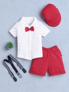 BUMZEE White & Red Boys Half Sleeves Shirt & Short Set With Bow Suspender & Cap