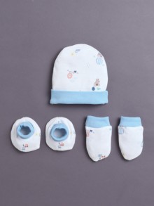 BUMZEE White & Sky Blue Boys Cotton Cap Mitten Bootie Set