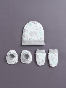 BUMZEE White & Grey Boys Cotton Cap Mitten Bootie Set