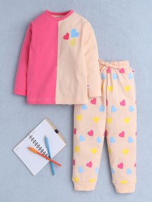 BUMZEE Pink & Peach Girls Full Sleeves T-Shirt & Pyjama Set