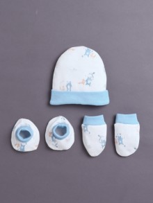 BUMZEE White & Sky Blue Boys Cotton Cap Mitten Bootie Set