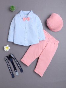 BUMZEE Pink & Powder Blue Boys Full Sleeves Shirt Pant Set With Suspender & Cap