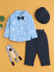 BUMZEE Navy & Sky Blue Boys Full Sleeves Shirt Pant Set With Suspender & Cap