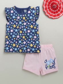 BUMZEE Navy & Pink Girls Cap Sleeves T-Shirt & Short Set