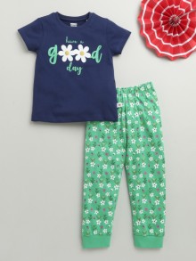 BUMZEE Mint Green & Navy Girls Half Sleeves Cotton T-Shirt & Pyjama Set