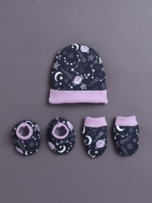 BUMZEE Navy & Lilac Girls Cotton Cap Mitten Bootie Set