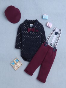 BUMZEE Navy & Wine Boys Full Sleeves Bodysuit Pant Set With Suspender & Cap