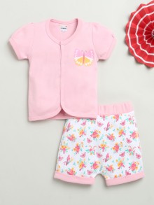 BUMZEE Pink & White Baby Girls Half Sleeves Jabla & Short Set