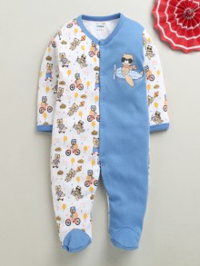 BUMZEE White & Blue Baby Boys Full Sleeves Cotton Sleepsuit